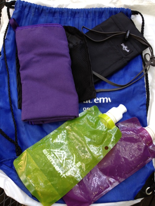 String bags, passport purse, camp towel, water bottles